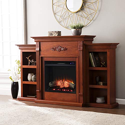 Tennyson Touch Screen Electric Fireplace with Book Shelves - Mahogany - Transitional Design, Brown Glass and Wood - Ideal for Living Room, Bedroom (FR8547)