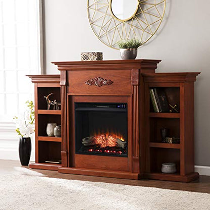Tennyson Touch Screen Electric Fireplace with Book Shelves - Mahogany - Transitional Design, Brown Glass and Wood - Ideal for Living Room, Bedroom (FR8547)