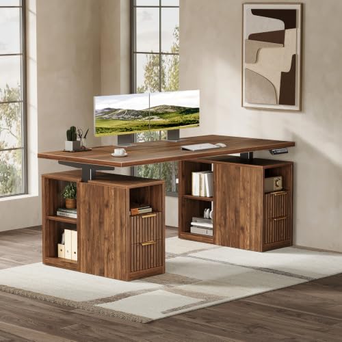 Fluted 55 Inch Electric Standing Desk with 2 Storage Cabinet, Walnut, view 4