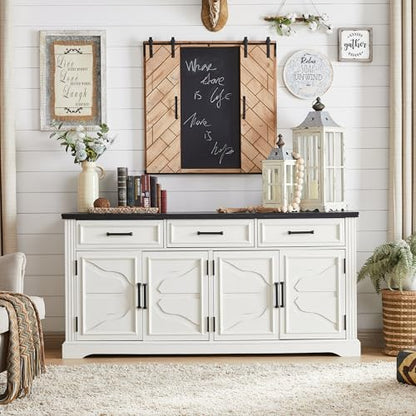 66" Farmhouse Buffet Cabinet with Storage, Sideboard Credenza with 4 Door Cabinets, Adjustable Shelves & 3 Drawers, Coffee Bar Cabinet for Dining Room, Kitchen, Living Room, Off White