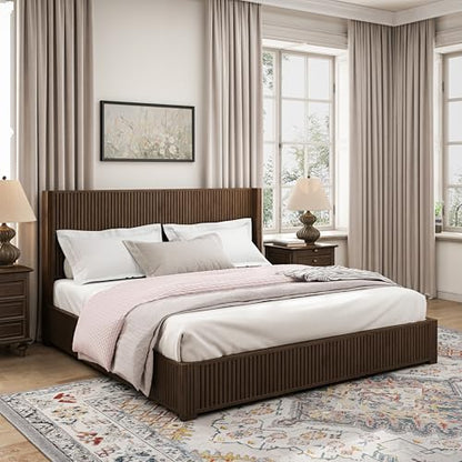 King Size Solid Wood Platform Bed Frame with wingback Headboard, view 2