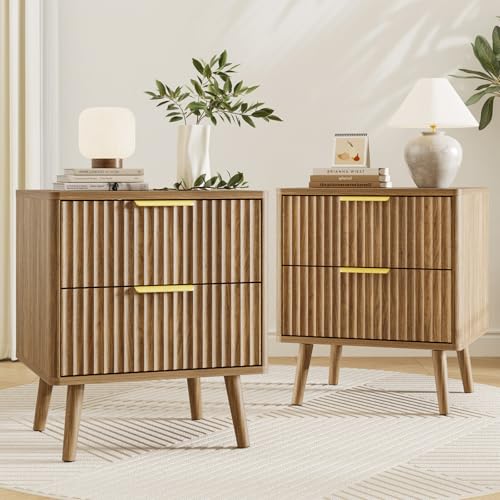 3 Pieces Queen Bedroom Set, Floating Bed Frame with Smart LED Lights & Nightstand Set of 2, Fluted Bedroom Furniture Set for Home, Bedroom, Walnut