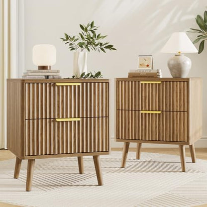 3 Pieces Queen Bedroom Set, Floating Bed Frame with Smart LED Lights & Nightstand Set of 2, Fluted Bedroom Furniture Set for Home, Bedroom, Walnut