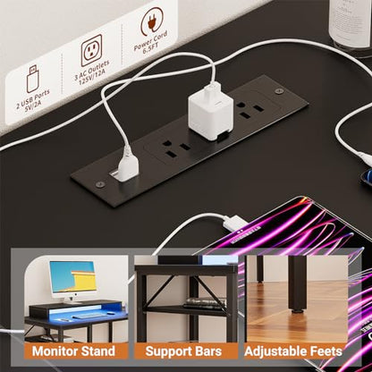 Reversible L Shaped Desk with Magic Power Outlets and Smart LED Light, Sturdy Corner Computer Desk with Monitor Stand & Storage Shelves, Gaming Table Home Office Desk, Easy Assembly, Black