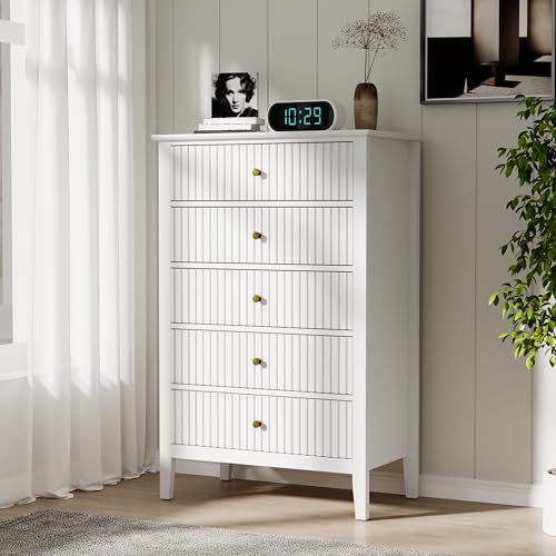 White Fluted 5 Drawer Dresser for Bedroom, Tall Chest of Drawers, view 2