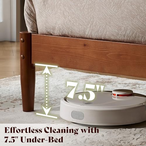 Solid Wood King Bed Frame, Mid Century Bed with Headboard, Brown, view 6
