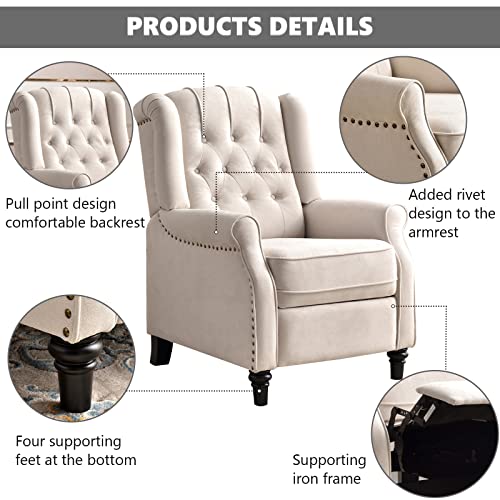 Push Back Recliner Chair,Accent Chair,Mid Century Wingback Recliner, Fabric Push Back Recliner Chair Single Armchair Sofa with Rivet Decoration, Button-Tufted Back for Living Room, White