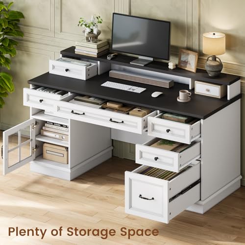 Farmhouse Executive Desk with Drawers Computer Desk with File Drawers, Power Outlet and Led Lights, Executive Office Desk with Storage Cabinet and Monitor Shelf for Home Office, White