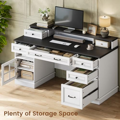 Farmhouse Executive Desk with Drawers Computer Desk with File Drawers, Power Outlet and Led Lights, Executive Office Desk with Storage Cabinet and Monitor Shelf for Home Office, White