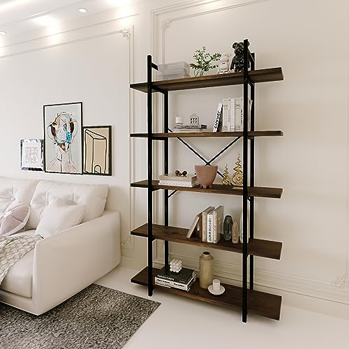5 Tiers Bookshelf Organizer Industrial Shelf,Modern Open Display Storage Bookcase,Rustic Brown and Metal Bookshelf Standing Storage Shelf Tall Shelving Units for Home Office Study.