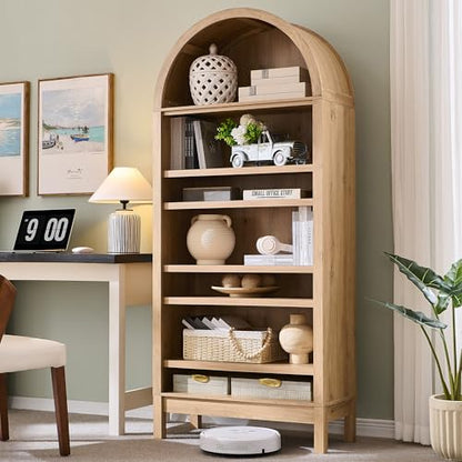 71" Tall Arched Bookshelf, 7 Tiers Arch Bookcase with Storage, Modern Farmhouse Book Shelf with Adjustable Shelves, Wood Bookshelf w/Open Display Shelves for Living Room, Office (Natural)