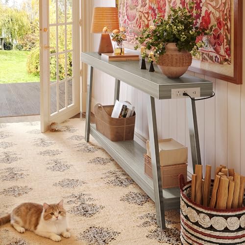 Console Table with Charging Station, USB-C Port, 2 Tiers Entryway Table, 53.9 Inch Sofa Table with Metal Legs, Entry Hallway Table with Thicker Desktop, Modern Behind Couch Table, Grey