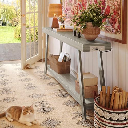 Console Table with Charging Station, USB-C Port, 2 Tiers Entryway Table, 53.9 Inch Sofa Table with Metal Legs, Entry Hallway Table with Thicker Desktop, Modern Behind Couch Table, Grey