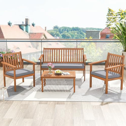 4 Piece Patio Wood Furniture Set, Acacia Wood Sofa Set w/Loveseat, 2 Chairs & Coffee Table, Soft Seat Cushions, Outdoor Wood Furniture Set for Porch, Yard, Balcony (Gray)