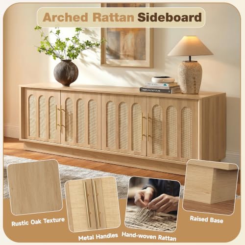 67" Arched Rattan Sideboard Buffet, 4 Door Adjustable Storage, Natural Oak, view 4