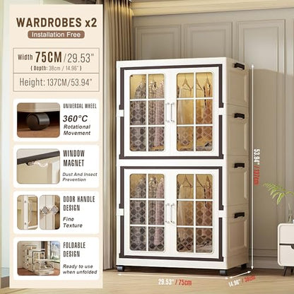 Stackable Plastic Storage Cabinet with Transparent Windows, Collapsible Closet Organizer with Wheels (1+1 Plus)