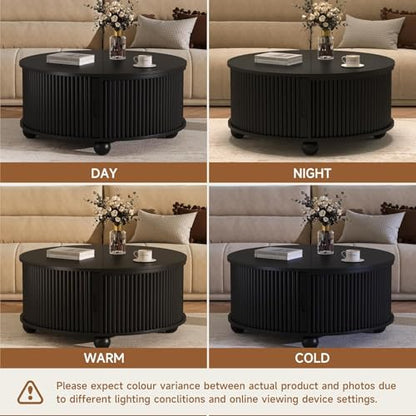 Fluted Round Coffee Tables,31.5" Mid Century Modern Circle Drum Table with Storage, Accent Coffee Table with Sliding Cabinet Door for Living Room Small Space (Black)