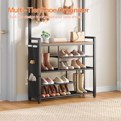 Hall Tree with Bench, Shoe Rack with Coat Rack, Coat Rack with Shoe Storage, view 6