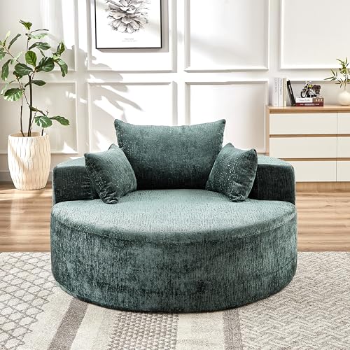 Green Round Barrel Accent Chair, Textured Polyester Upholstered Lounge Chair with 3 Throw Pillows, Modern Comfy Single Sofa for Living Room Bedroom Reading Nook Home Office
