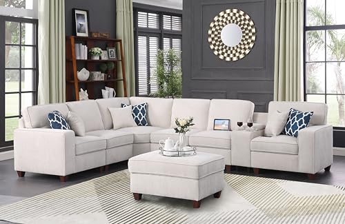 127" L-Shaped Sectional Couch with Movable Ottoman & 6 Throw Pillows,7 Seat Chenille Upholstered Sofa W/2 Cup Holder,USB Port & Hidden Storage Box,DIY Combination,for Living Room,Apartment,Beige