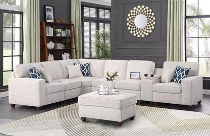 127" L-Shaped Sectional Couches for Living Room with Movable Ottoman,2 Cup Holders & USB Ports,7 Seat Chenille Upholstered Sofa W/6 Throw Pillows & Hidden Storage Box,DIY Combination,Beige