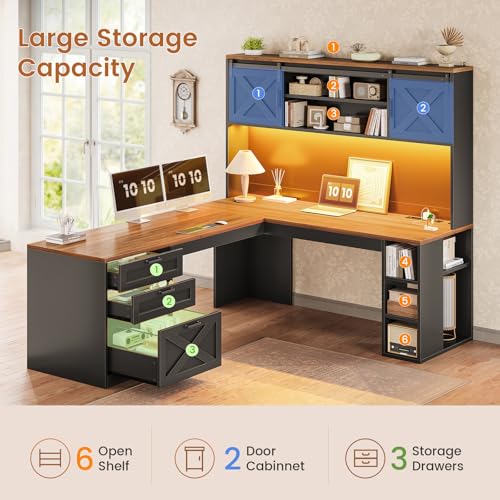 67" Farmhouse L Shaped Desk with Hutch, Black+Brown, view 6