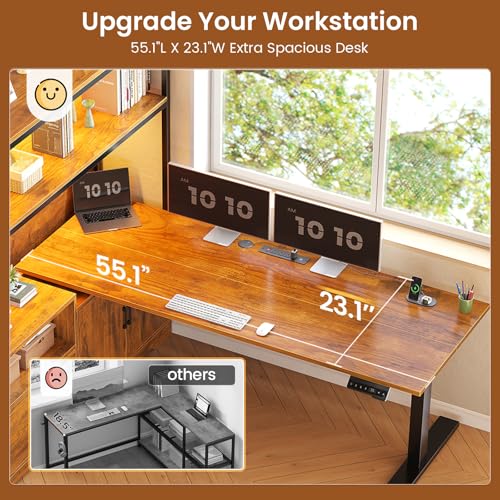 56.7" L Shaped Standing Desk, Reversible Computer Office Desk with Drawers & Hutch, Stand Up Corner Gaming Desks with LED Lights & Power Outlets for Home Office, Rustic Brown
