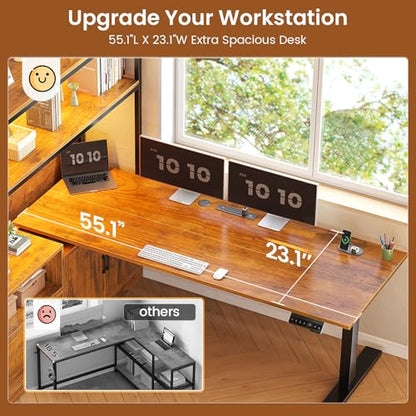 56.7" L Shaped Standing Desk, Reversible Computer Office Desk with Drawers & Hutch, Stand Up Corner Gaming Desks with LED Lights & Power Outlets for Home Office, Rustic Brown