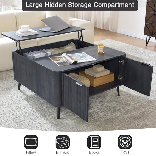 Large Lift Top Coffee Table with Hidden Compartment, 35.4" Wide Oversized Square Coffee Table with Storage, Mid Century Modern Fluted Center Table for Home Living Room, Black Grey