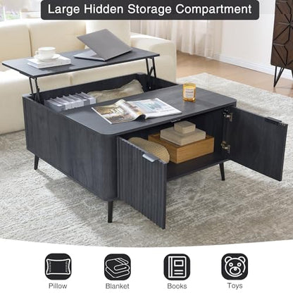 Large Lift Top Coffee Table with Hidden Compartment, 35.4" Wide Oversized Square Coffee Table with Storage, Mid Century Modern Fluted Center Table for Home Living Room, Black Grey