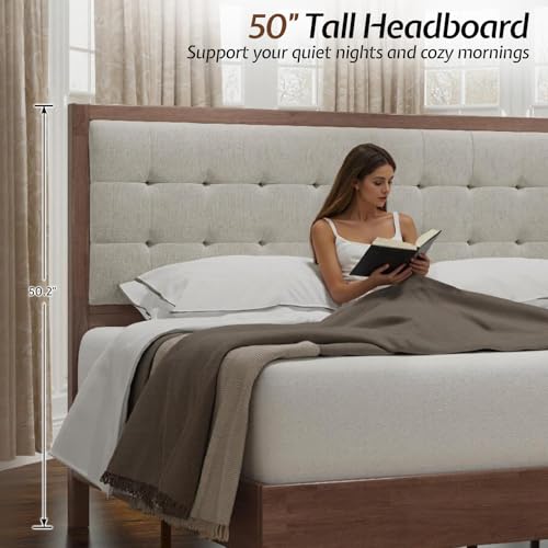 Queen Bed Frame Solid Wood,50" Tall Upholstered Headboard,Walnut, view 4