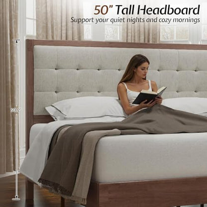 Queen Bed Frame Solid Wood,50" Tall Upholstered Headboard,Walnut, view 4