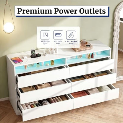 Premium 6 Drawers 2 Shelves 47"L White Dresser for Bedroom with RGB Lights, view 7
