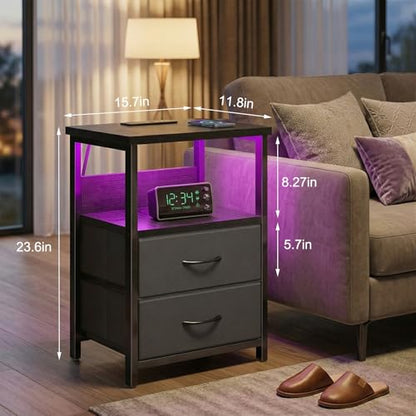 Night Stand with Charging Station, LED Nightstand with U-S-B Ports and Outlets for Small Spaces, 2 Fabric Storage Drawers, Bedside Table End Tables Bedroom Decor, Modern Black