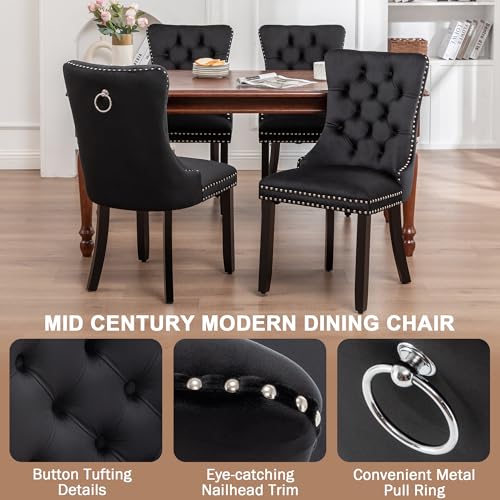Velvet Dining Chairs Set of 4, Upholstered Dining Room Chairs with Ring Pull Trim and Button Back, Luxury Tufted Dining Chairs for Living Room, Bedroom, Kitchen (Black)