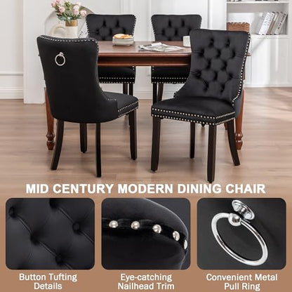 Velvet Dining Chairs Set of 4, Upholstered Dining Room Chairs with Ring Pull Trim and Button Back, Luxury Tufted Dining Chairs for Living Room, Bedroom, Kitchen (Black)