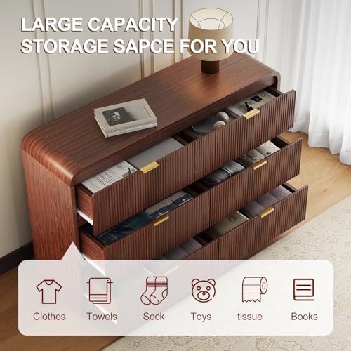 Fluted 6 Drawers Dresser for Bedroom, 54" Wide Wooden Dresser with Metal Handle, view 4