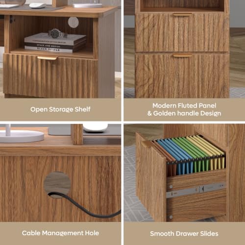 55" L Shaped Desk with Lift Top, Fluted Drawers, Brown Oak, view 7