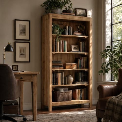 71" Solid Wood 5-Tier Tall Bookcase (1, Brown), view 2