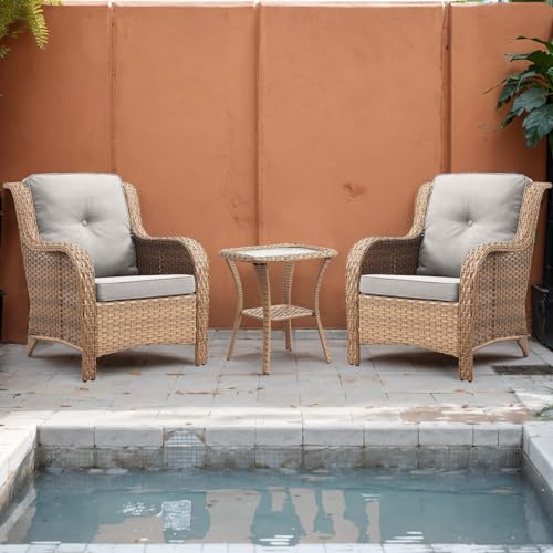 Patio Furniture Chairs Outdoor Chair - 2 Piece Wicker Rattan Chairs Set with High Back and Deep Seating for Deck Porch Balcony Backyard Garden(Yellow/Beige)