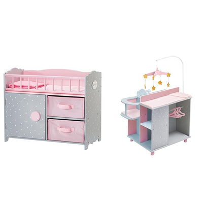 Olivia’s Little World Baby Doll Crib & 6-in-1 Wooden Changing Station – Pretend Nursery Furniture with High Chair, Sink, Closet, Blanket & Storage – Pink/Gray – Ages 3+