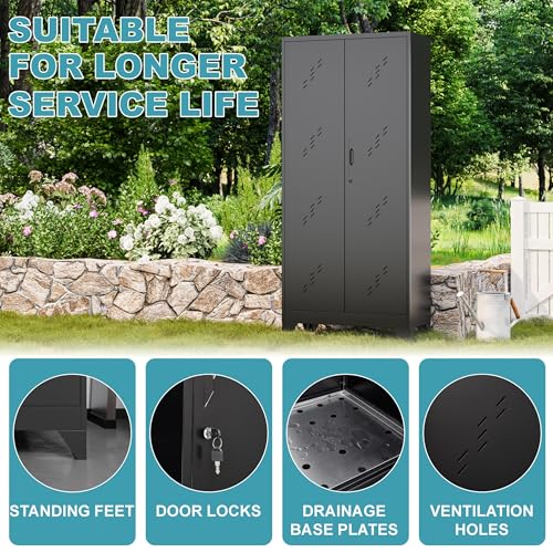 Metal Storage Cabinet 71" H, Garege Storage with Stainless Steel Bottom, Black Cleaning Supplies Organization Cabinet with Lockable Doors and Hanging Rod for Outdoor, Home Office