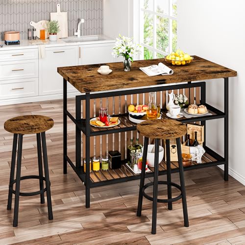 Kitchen Island with Seating & Storage, Farmhouse Dining Table Set for 2, Space-Saving 3 Piece Dining Set Table & Chairs Island Table for Kitchen, Apartment, Dining Room, Rustic Brown