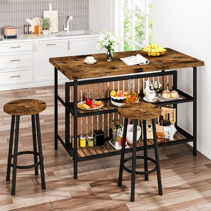 Kitchen Island with Seating & Storage, Farmhouse Dining Table Set for 2, Space-Saving 3 Piece Dining Set Table & Chairs Island Table for Kitchen, Apartment, Dining Room, Rustic Brown