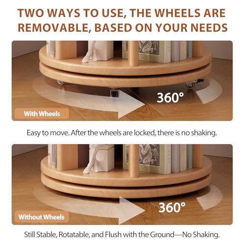 6 Tier Solid Wood Rotating Bookshelf Tower on Wheels, Natural, view 6