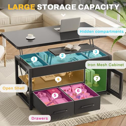 40" Lift Top Coffee Table, 4 in 1 Coffee Tables with Storage Cabinet for Living Room, Small Farmhouse Coffee Table with 2 Fabric Drawers & LED Light for Dining Room, Black
