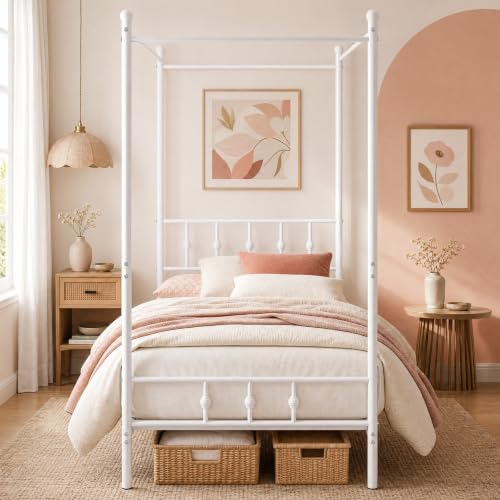 Twin Canopy Bed Frame with Headboard and Footboard (White), view 4