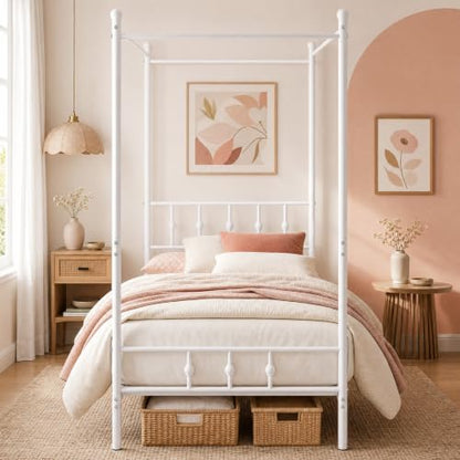 Twin Canopy Bed Frame with Headboard and Footboard (White), view 4