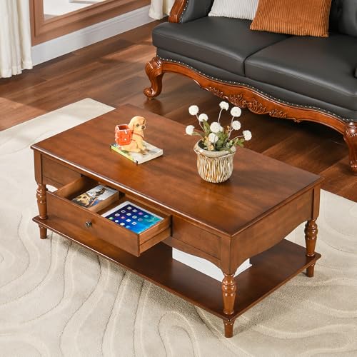 Wooden Coffee Table with Drawers & Storage Shelf, Cherry Brown | 43.3x23.6x17.7in, Vintage Rectangle Center Table with 2 Drawers, Apartment Cocktail Table with Turned Legs for Living Room