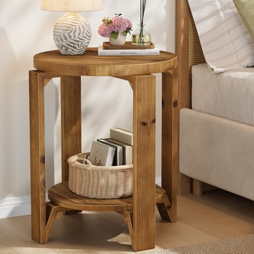 Solid Wood End Table, 2-Tier Round Wood Side Table for Living Room, Farmhouse Circle Nightstand with Storage for Bedroom, Couch, Small Spaces, Easy Assembly, Rustic Brown